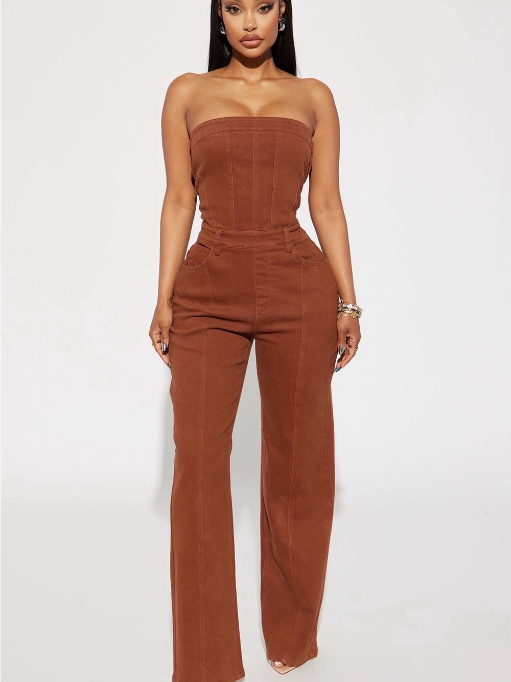Strapless Brown Wide-Leg Jumpsuit